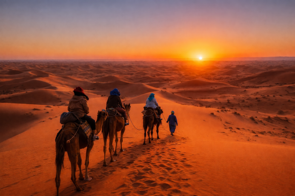 Sahara desert tours Morocco with golden dunes in Merzouga
